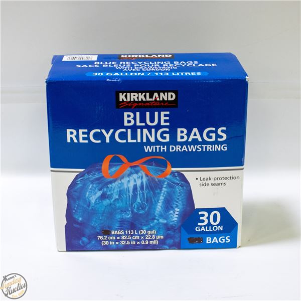 BOX OF KIRKLAND BLUE RECYCLING BAGS 30GAL X 113L
