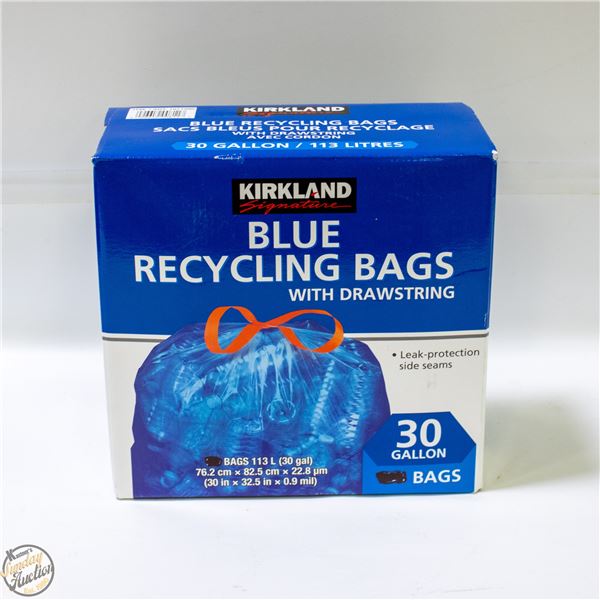 BOX OF KIRKLAND BLUE RECYCLING BAGS 30GAL X 113L