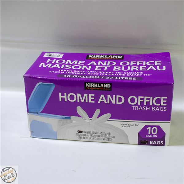 BOX OF KIRKLAND HOME & OFFICE TRASH BAGS 10GAL