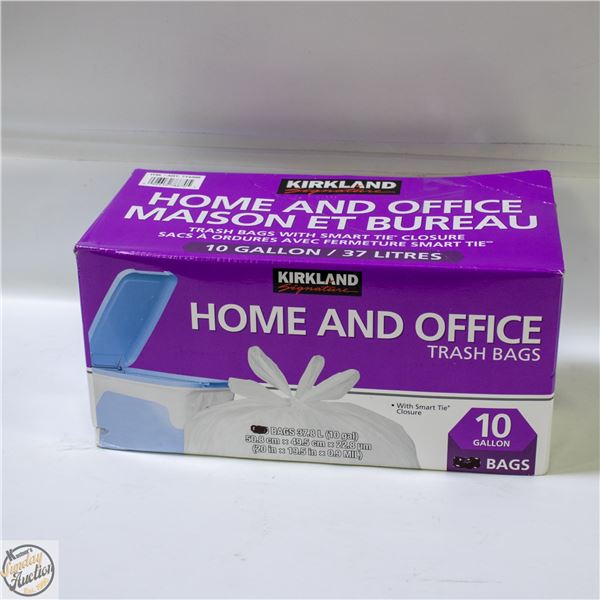 BOX OF KIRKLAND HOME & OFFICE TRASH BAGS 10GAL