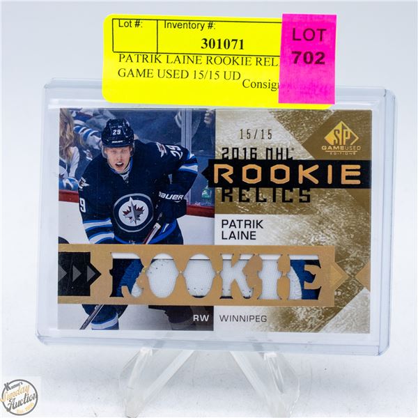 PATRIK LAINE ROOKIE RELICS GAME USED 15/15 UD