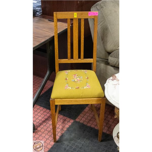 VINTAGE OAK SIDECHAIR WITH NEEDLEPOINT CUSHION