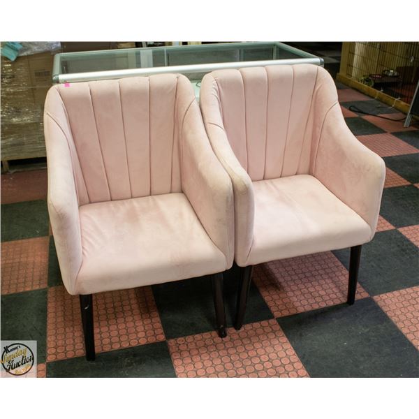 PAIR OF NEW ASSEMBLED PINK FABRIC ARM CHAIRS