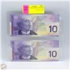 Image 1 : LOT OF 2 2001 10 DOLLAR CANADIAN BILLS