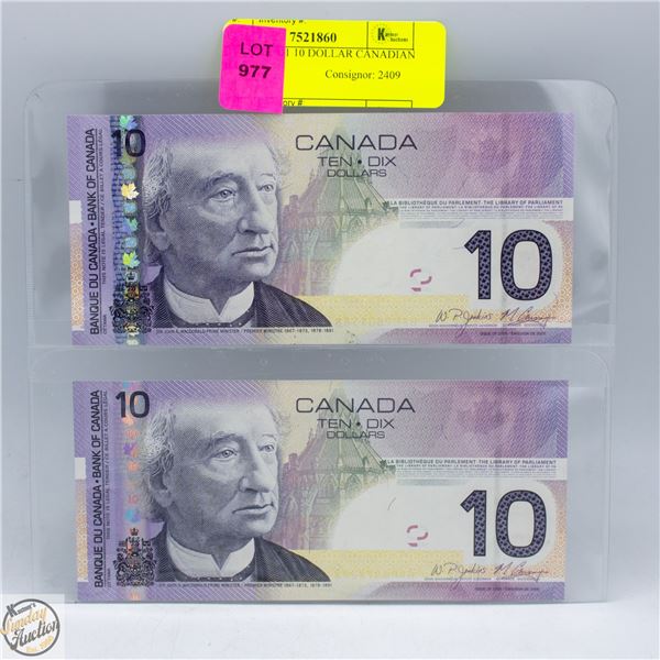 LOT OF 2 2001 10 DOLLAR CANADIAN BILLS