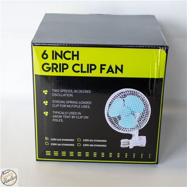 6” GRIP CLIP FAN – TWO SPEEDS. 90 DEGREE
