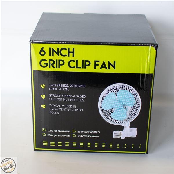 6” GRIP CLIP FAN – TWO SPEEDS. 90 DEGREE