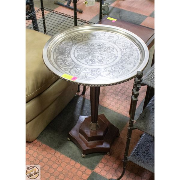 ORNATE WOOD BASED METAL TOPPED SIDE TABLE H-26.5"