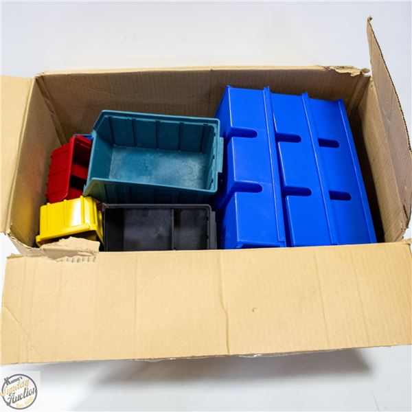 BOX OF GARAGE PARTS STORAGE BINS