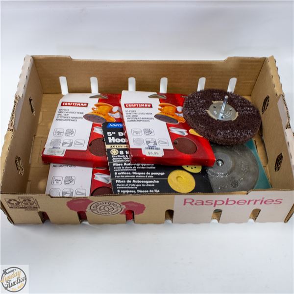 FLAT OF NEW SANDING DISCS AND PADS ETC