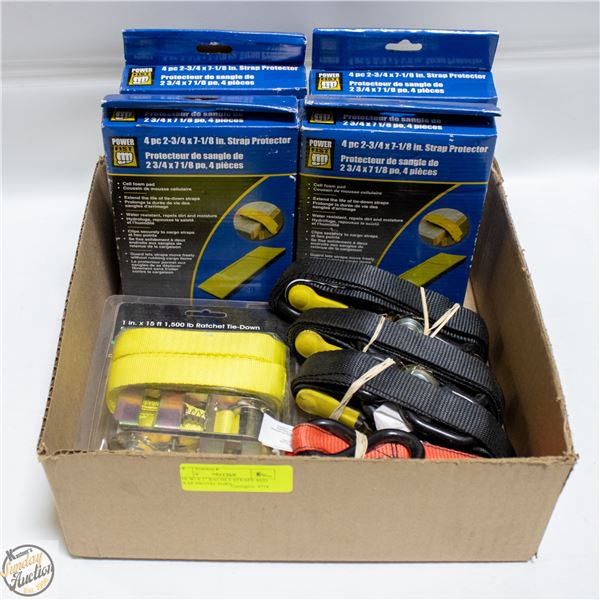 BOX W/ 6 1" RATCHET STRAPS AND STRAP PROTECTORS.