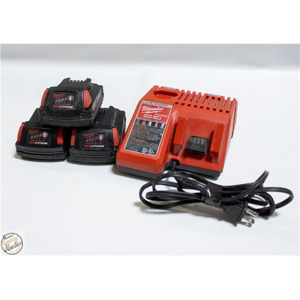MILWAUKEE 12V/18V CHARGER W/ 3 18V BATTERIES