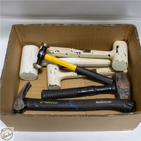 BOXW/ 6 HAMMERS: SLEDGE, COMPOSITE, CARPENTER.