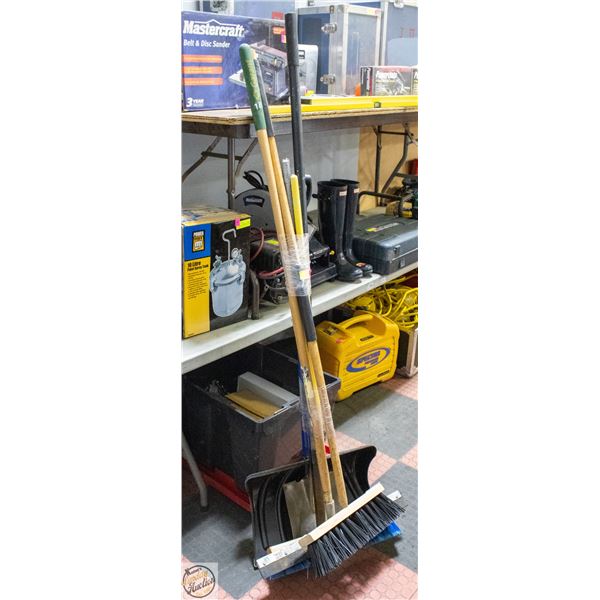 GARDEN/ SHOP TOOLS: SHOVELES, SHOP BROOMS ETC.