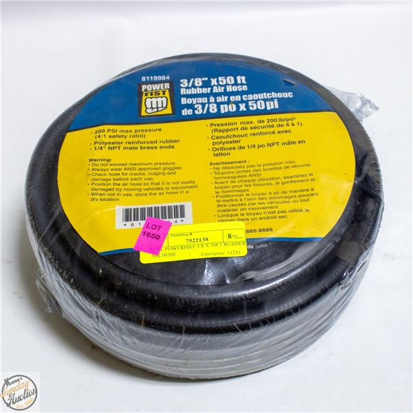 NEW POWERFIST 3/8 X 50FT RUBBER AIR HOSE