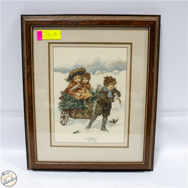 VINTAGE HAND CRAFTED CROSS STITCH FRAMED ART