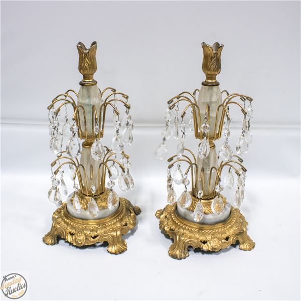 VINTAGE CRYSTAL/BRASS CANDLE HOLDERS W/PRISMS