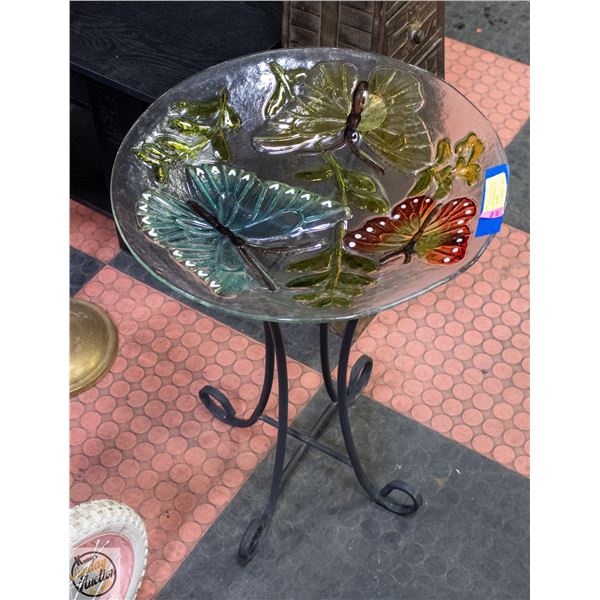 GLASS BUTTERFLY BIRD BATH WITH METAL STAND