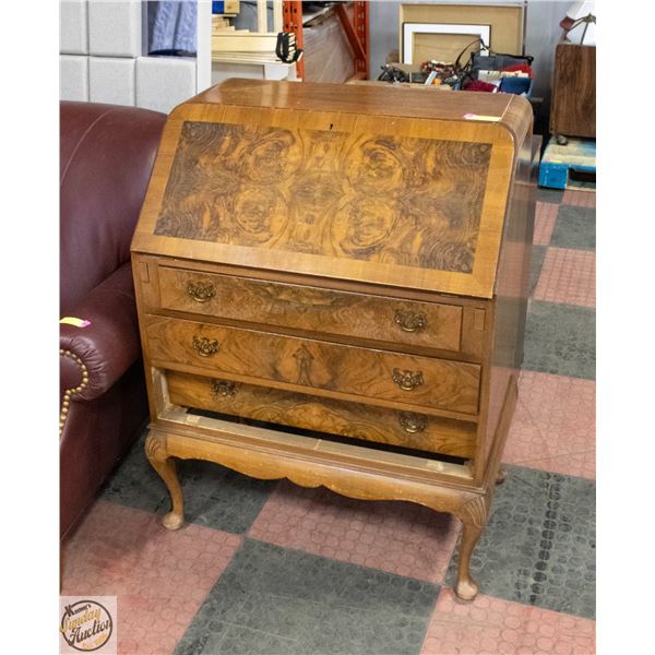 ANTIQUE TIGER WOOD DROP FRONT DESK+DRAWERS
