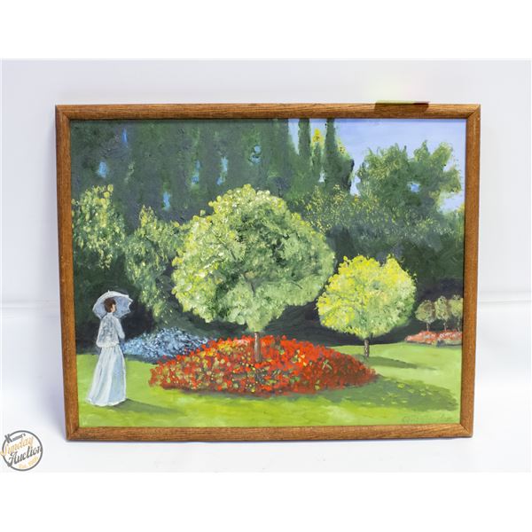 OIL PAINTING WOMAN IN WHITE WITH UMBRELLA 17"X21"