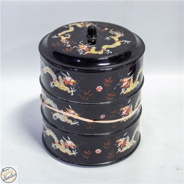 HAND PAINTED LACQUERED WOOD 3 TIER BOX W/DRAGONS