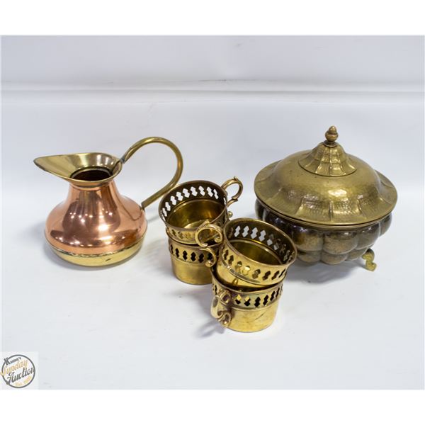 BRASS FOOTED LIDDED JAR + BRASS PITCHER + 4 BRASS