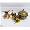 Image 1 : BRASS FOOTED LIDDED JAR + BRASS PITCHER + 4 BRASS