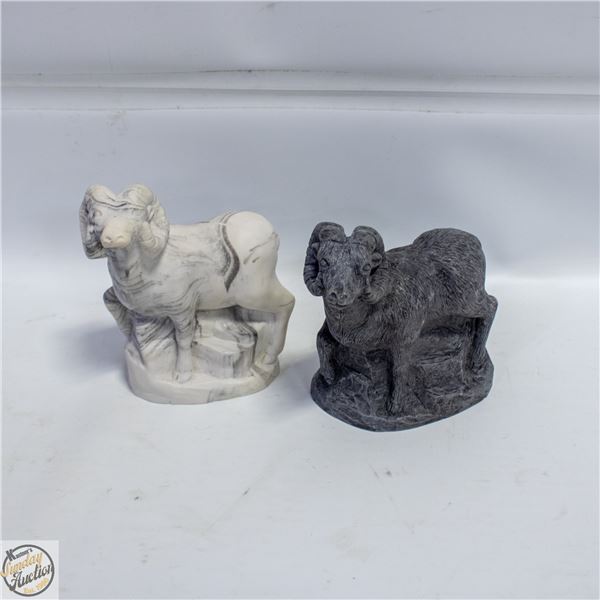 2 STONE SHEEP FIGURINES WHITE AND BLACK ONE