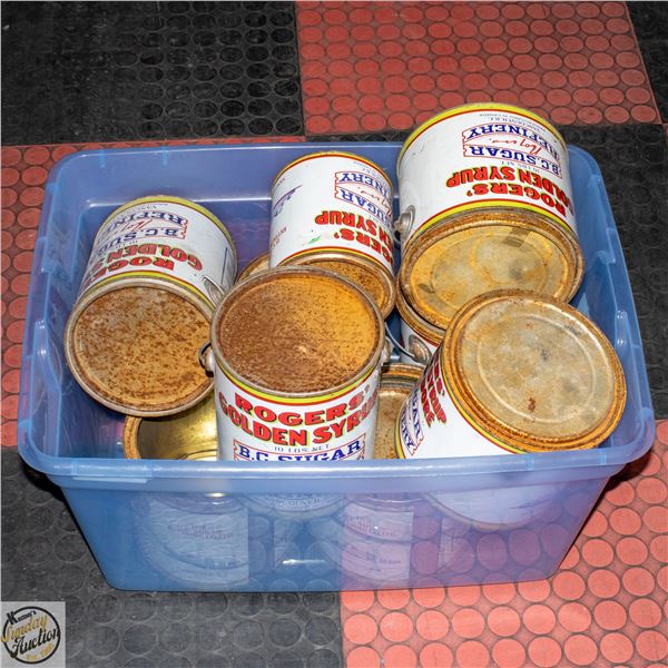 BIN WITH VINTAGE ROGERS SYRUP TINS 5 & 10LB (8)