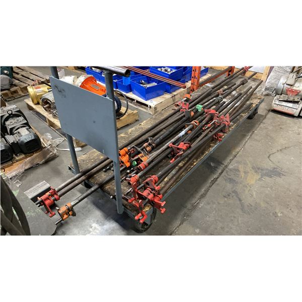 4 WHEEL 6'L PLATFORM WORK DOLLY WITH APPROX 16 ASSORTED SIZE BAR CLAMPS
