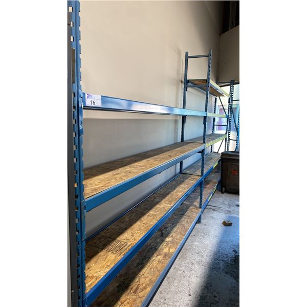 BLUE METAL SHELF RACKING 4- 8' UPRIGHTS, 18- 8' SIDE RAILS WITH WOODEN SHELVING