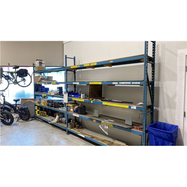 BLUE METAL SHELF RACKING 8- 8' UPRIGHTS, 20- 8' SIDE RAILS WITH WOODEN SHELVING