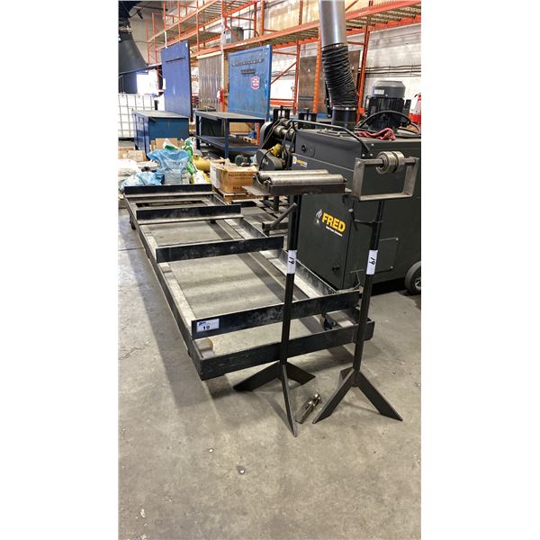 STEEL MATERIAL PLATFORM CART APPROX 10'L X 3'X D & 2 MATERIAL ROLLER STANDS