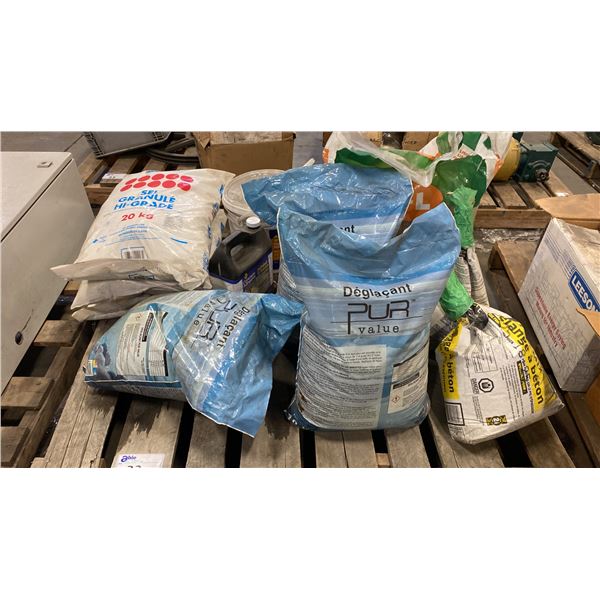 PALLET OF ICE MELT, CONCRETE MIX, GRANULATED SALT, CEDAR MULCH & CONCRETE ADHESIVE