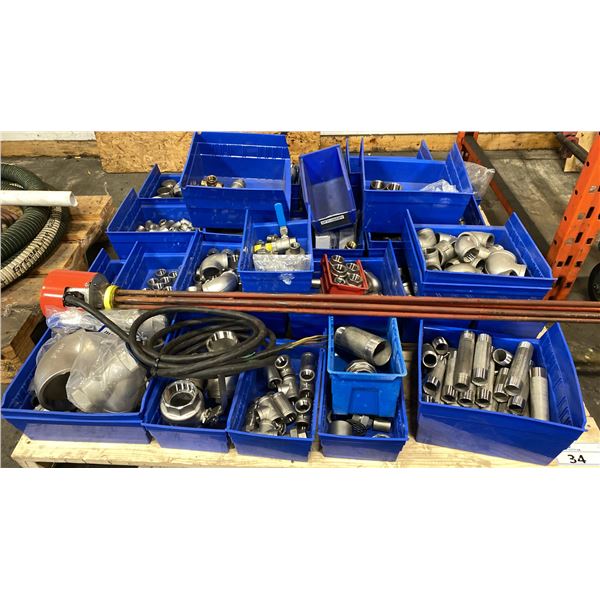 PALLET OF ASSORTED WATER LINE METAL FITTINGS, VALVES, SHUT OFFS & MORE