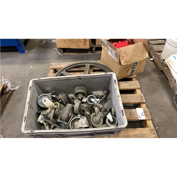 PALLET OF PLASTIC FLANGE ADAPTERS/SPROCKETS, CASTORS & LARGE PULLEY WHEEL