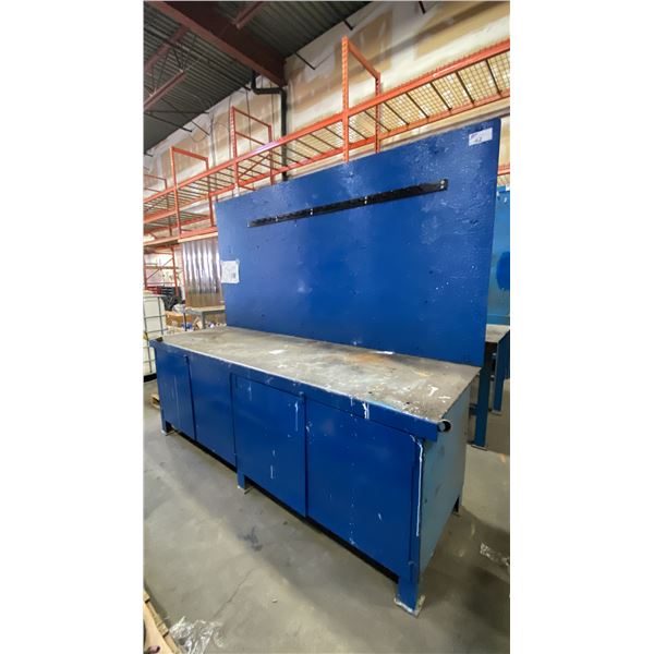 BLUE METAL WORKBENCH WITH WOOD BACK BOARD APPROX 96"L X 30"D X 81"H