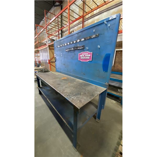 BLUE METAL WORKBENCH WITH WOOD BACK BOARD APPROX 96"L X 34"D X 84"H