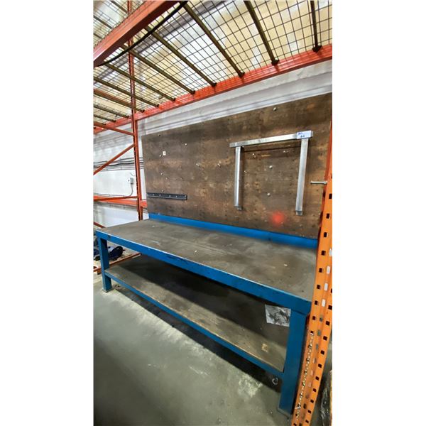 BLUE METAL WORKBENCH WITH WOOD BACK BOARD APPROX 96"L X 32"D X 85"H