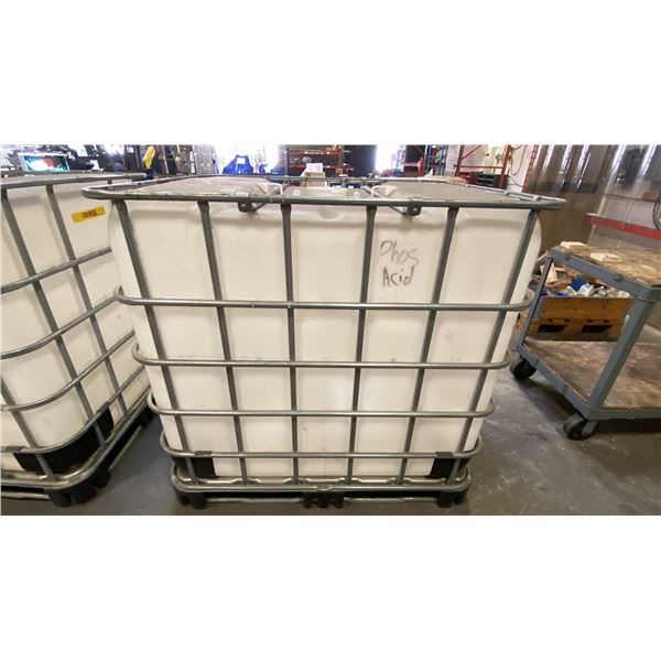1000L LIQUID STORAGE CONTAINER IN PALLET CAGE *MISSING LID* *PREVIOUSLY CONTAINED PHOSPHORIC ACID*