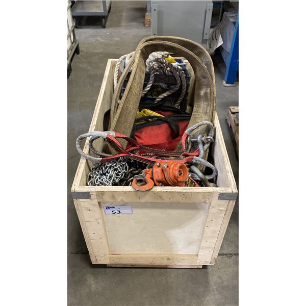 WOODEN CRATE OF ASSORTED LIFTING STRAPS, LIFTING CHAINS, SCREW PIN SHACKLES, FALL PROTECTION,