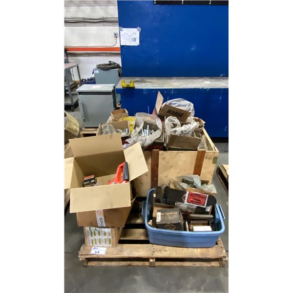 PALLET OF ASSORTED MACHINE BOLTS, FASTENERS, EXPANSION ANCHORS, REMINGTON POWDER ACTUATED GUN & MORE