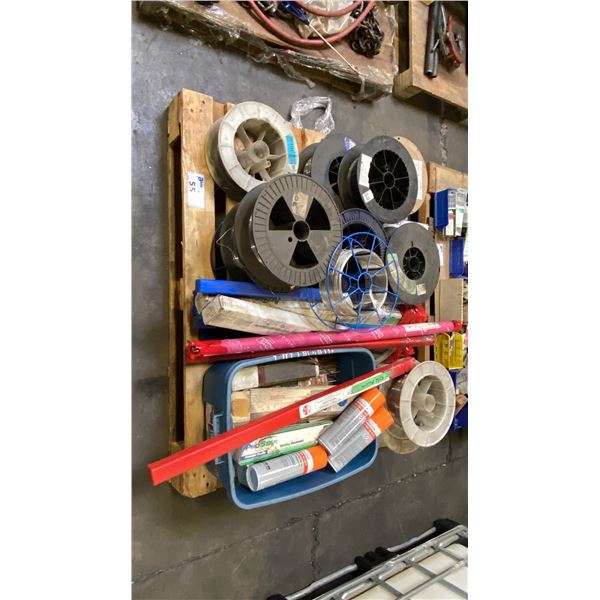 PALLET OF ASSORTED SPOOLS OF WELDING WIRE, WELDING ELECTRODES & 3 CANS OF SPATTER BLOCK