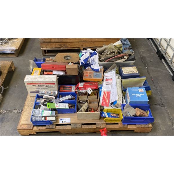 PALLET OF ASSORTED WELDING ITEMS- WELDING TIPS, WELDING CAPS, TUNGSTEN ELECTRODES, JUMP LINERS,