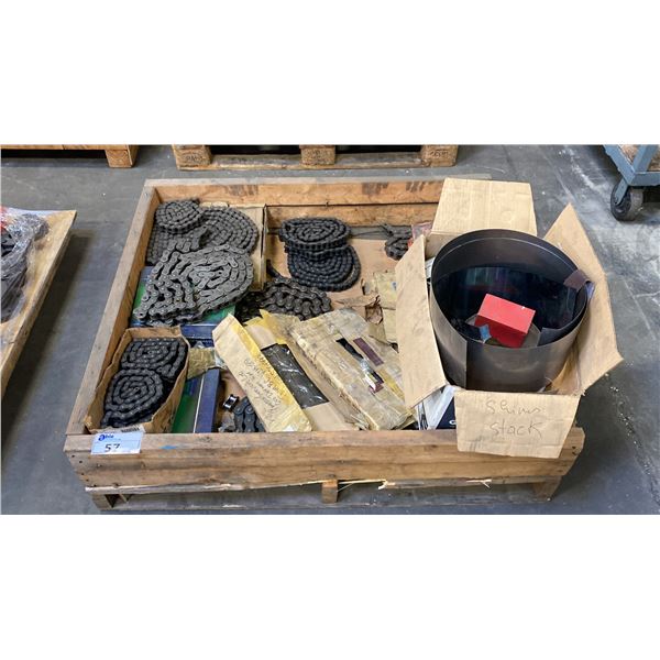 PALLET OF ASSORTED HEAVY DUTY INDUSTRIAL ROLLER CHAIN, ALOMA SHIM SET, SHIM STOCK & MORE