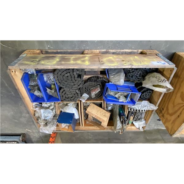 PALLET OF ASSORTED HEAVY DUTY INDUSTRIAL ROLLER CHAIN, OFFSET LINKS & HARDWARE