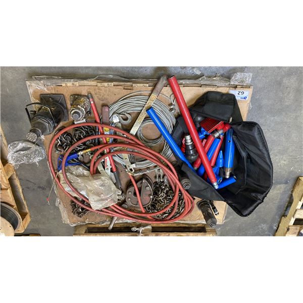 PALLET OF ASSORTED LIFTING CHAINS, CABLE HOISTS, PLATE GRABBER, 4 BOTTLE JACKS, AUTOBODY PORT A