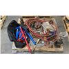 Image 1 : PALLET OF ASSORTED LIFTING CHAINS, CABLE HOISTS, PLATE GRABBER, 4 BOTTLE JACKS, AUTOBODY PORT A