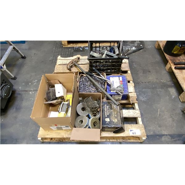 PALLET OF ASSORTED COIL NAILS, FASTENERS, PIPE BENDERS & STRAP BANDING TOOLS