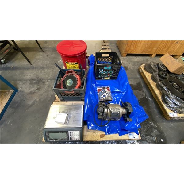 MAGNUM 6" BENCH GRINDER, ULINE SCALE, TABLE SAW FEATHERBOARDS, MITER GAUGES, OIL WASTE CAN, BEARING